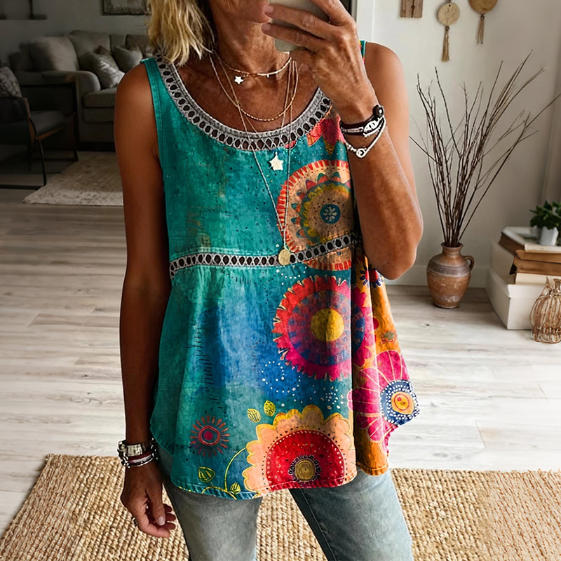 Women's Retro Cotton Floral Art Print Casual Sleeveless Hollow-out Cotton Linen Vest