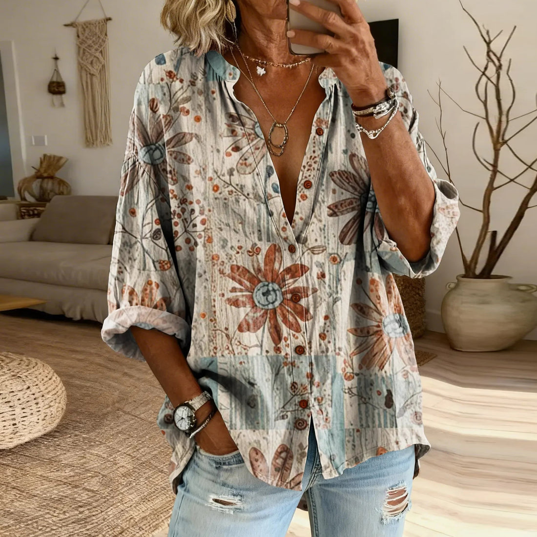 Women's Retro Floral Art Print Casual Cotton Linen Shirt