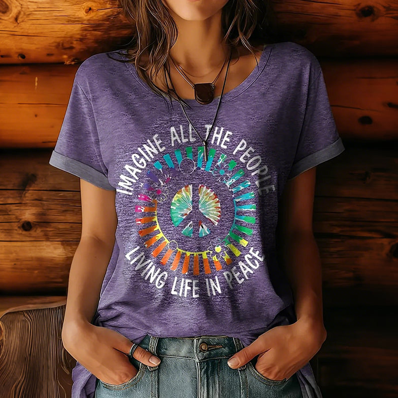Hippie Imagining Everyone Living In Peace: Printed Crew Neck Cotton T-shirt