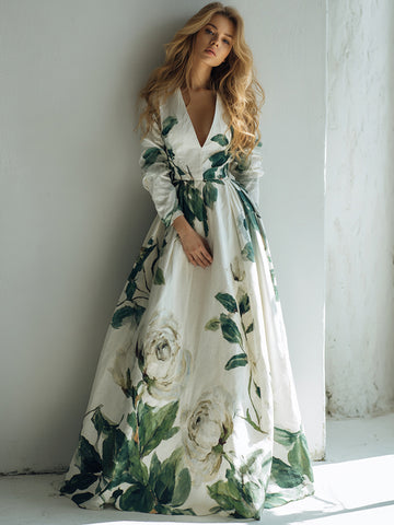 Women's Vintage Floral Art V-neck Long Sleeve Maxi Dress