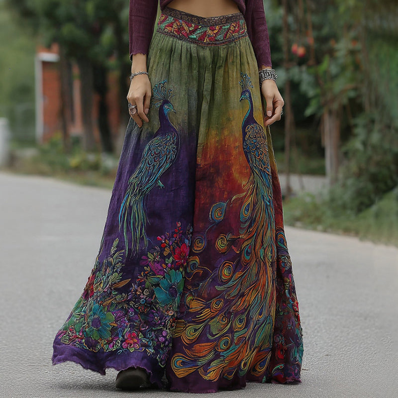 Women's Retro Elegant Peacock Floral Embroidery Art Linen Blend Casual Midi Skirt