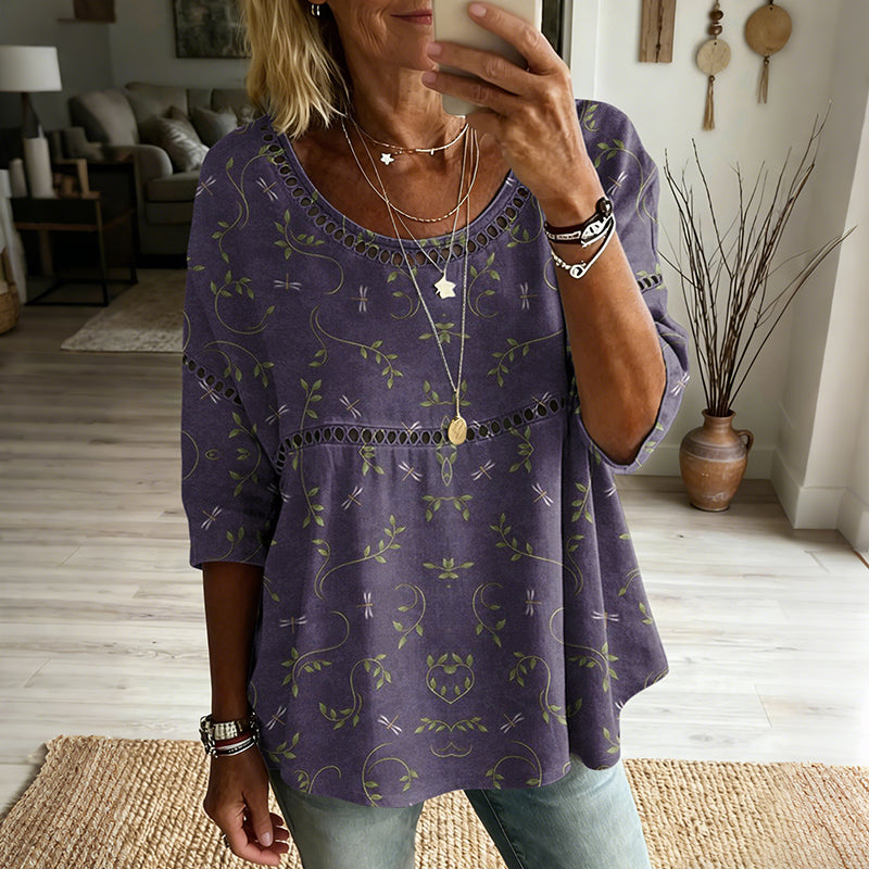 Women's Retro Dragonfly Art Print Flowy Linen Blend Casual Tops