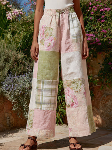 Women's Retro Bohemian Floral Patchwork Linen Trousers