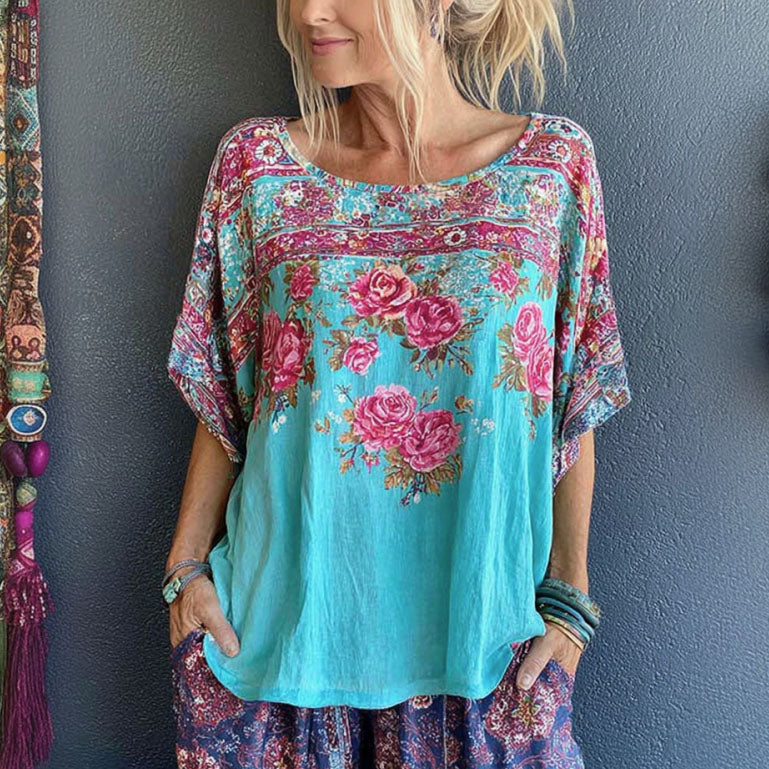 Women's Retro Floral Print Linen Blend Comfortable Crew Neck T-shirt