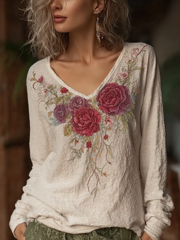 Bohemian Style Retro Red Rose Pattern Women's V-neck Long-sleeve Top