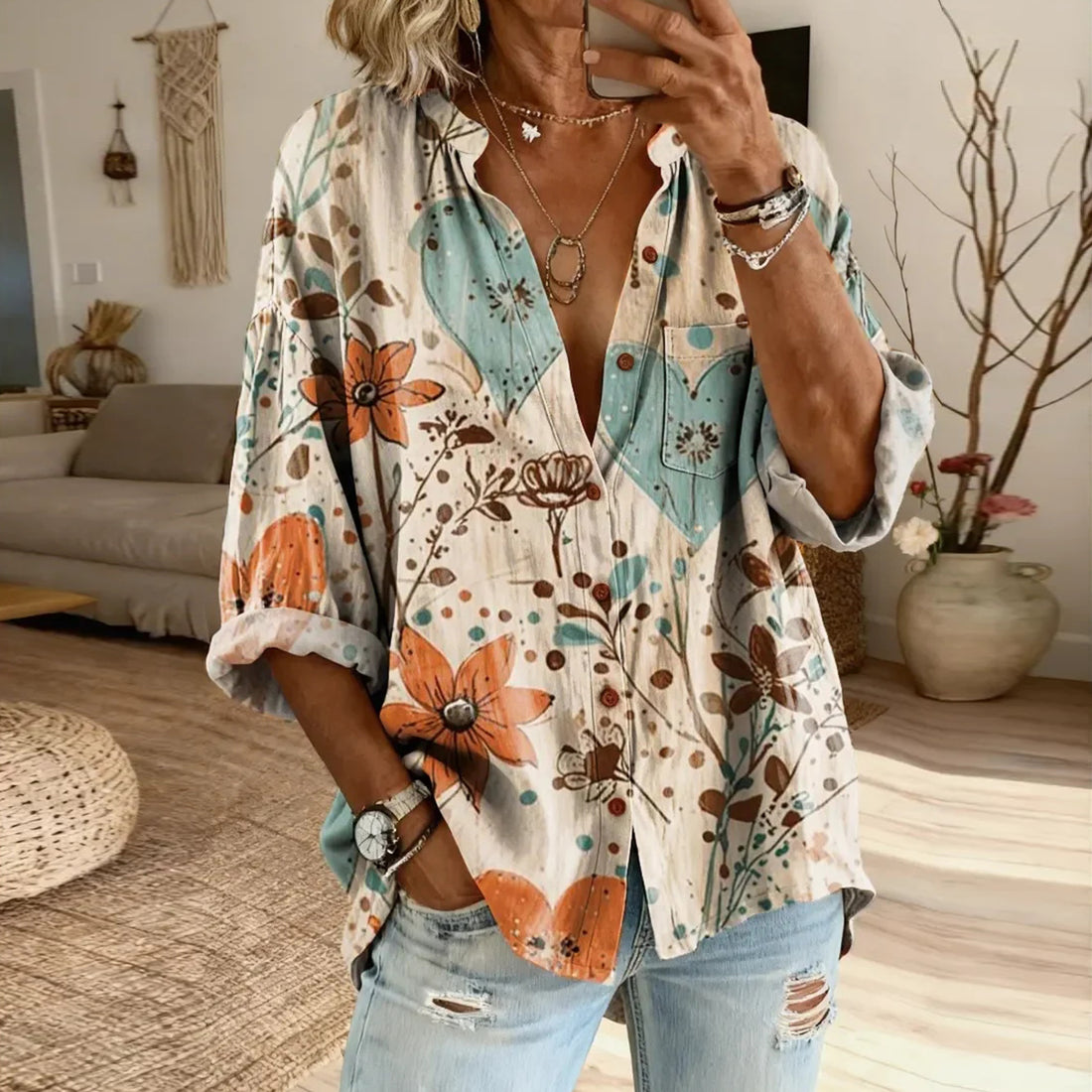 Women's Retro Heart Floral Art Print Casual Cotton Linen Shirt