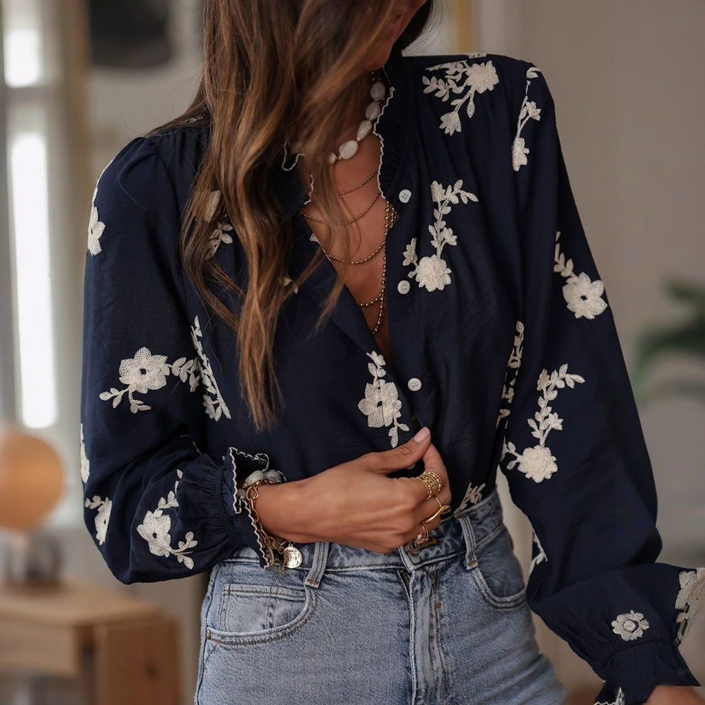 Women's Elegant Casual Floral Embroidered Cotton And Linen Blouse