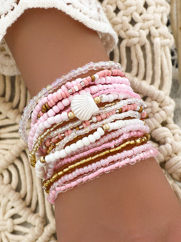 Boho Colorful Beaded Multi-layer Rice Bead Shell 17-piece Bracelet Set